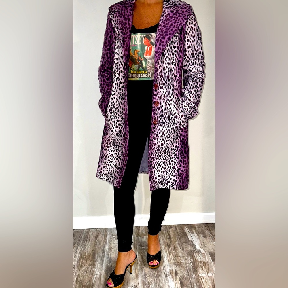 Betsey Johnson, vintage metallic, purple, and white leopard coat. Women’s size P